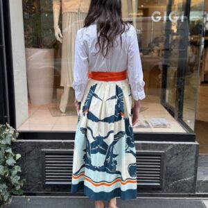 Sara Roka Kleid mit Palmenprint und orangefarbenem Taillengürtel