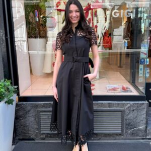 Akris Punto schwarzes Midi Kleid aus Baumwolle mit Spitze und Gürtel – elegantes Damenkleid bei Boutique GIGI Wien